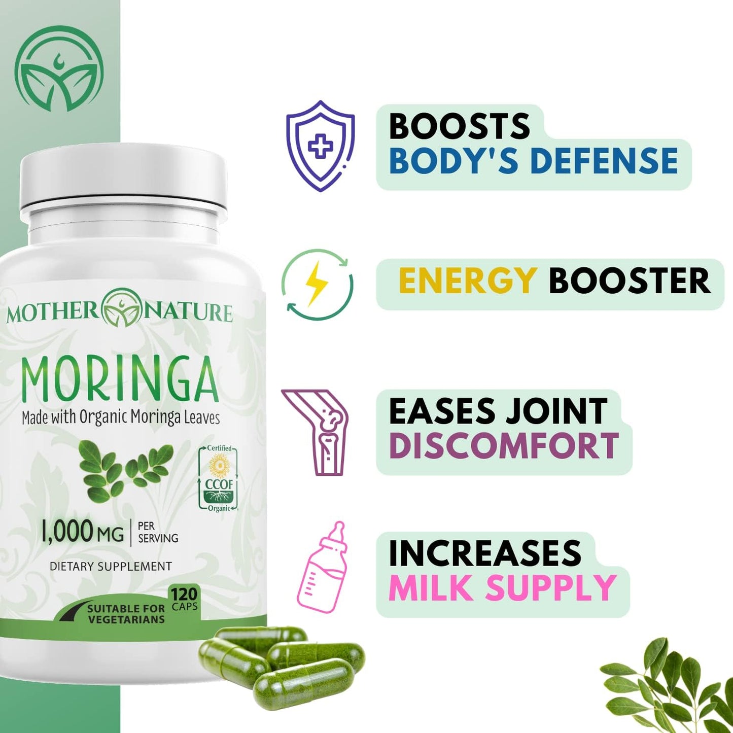 Certified Organic Moringa Capsules for Energy, Metabolism, & Immune Support - Vegan Superfood Supplement - 120ct. 500mg Capsules