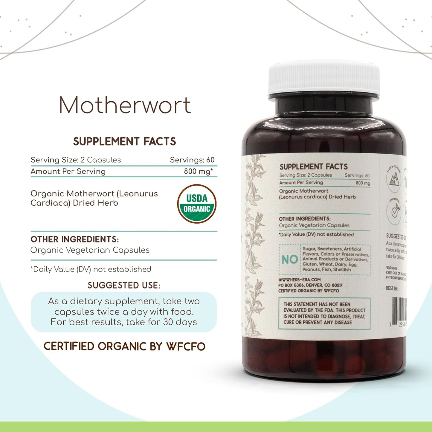 Certified Organic Motherwort Herbal Supplement - 120 Capsules | USDA Organic Vegetarian Capsules with Dried Motherwort Herb