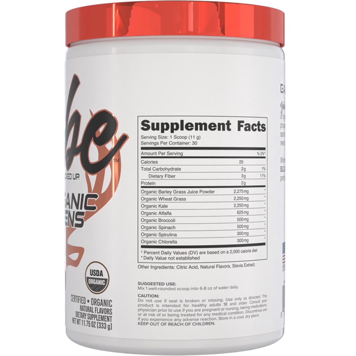 Certified Organic Orange Superfood Powder with 8 Essential Greens | Chlorella, Spinach, Kale, Spirulina, Alfalfa, Broccoli, Wheat Grass, Barley Grass | 30 Servings, 11.75 oz