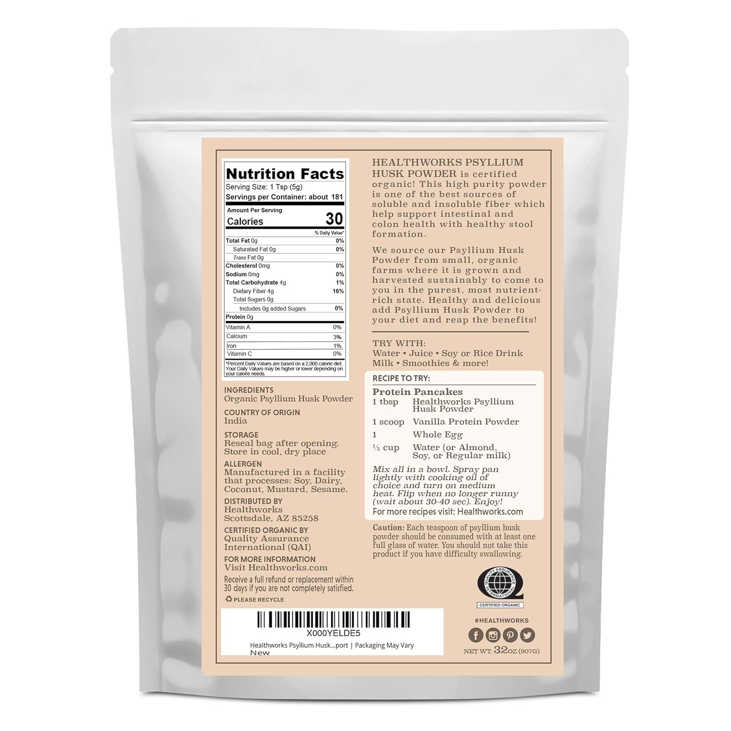 Certified Organic Psyllium Husk Powder - 32 oz (2 lbs) | Finely Ground from India | Keto, Vegan, Non-GMO | Fiber Support