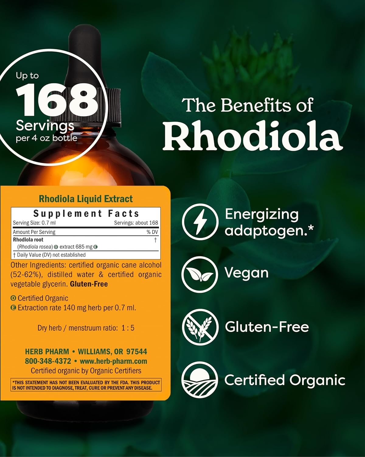 Certified Organic Rhodiola Root Extract for Energy, Endurance, and Stamina - 4 Ounce Bottle