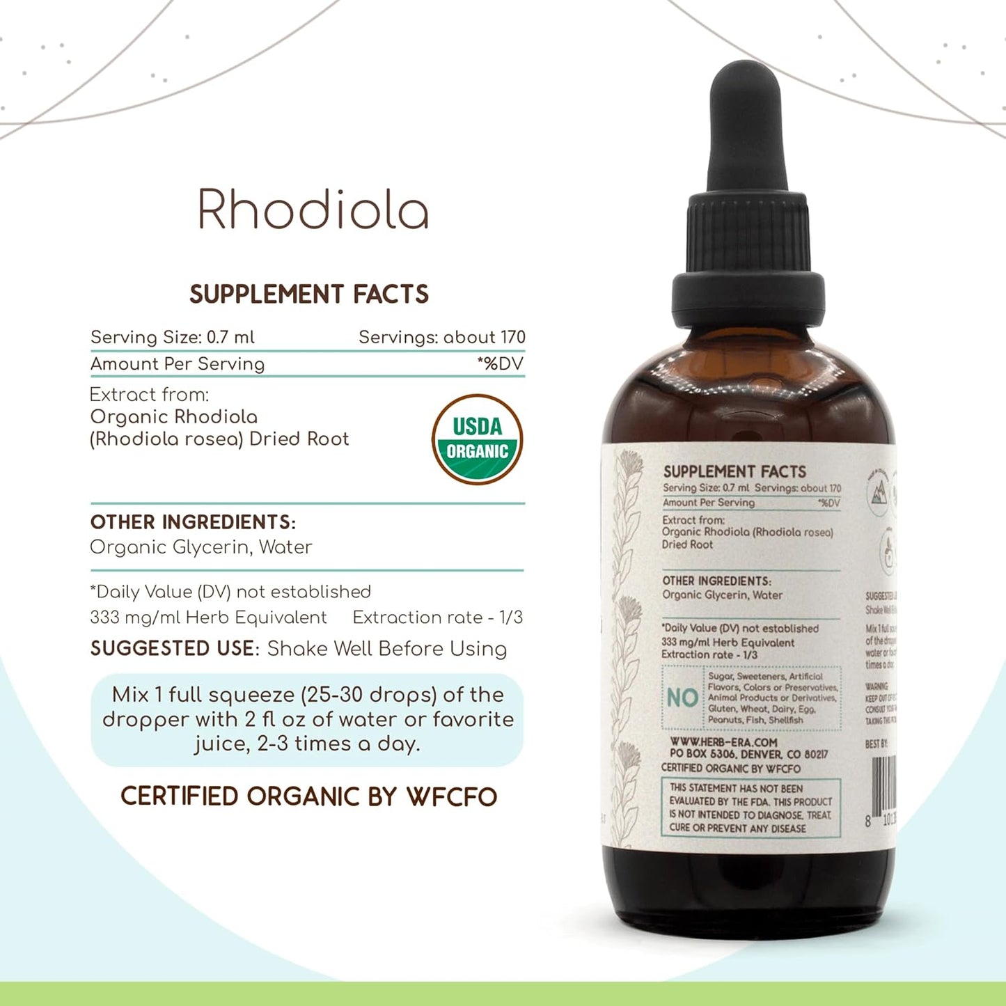 Certified Organic Rhodiola Rosea Tincture | Alcohol-Free Herbal Extract Drops | High-Potency Rhodiola Root Supplement (4 fl oz)