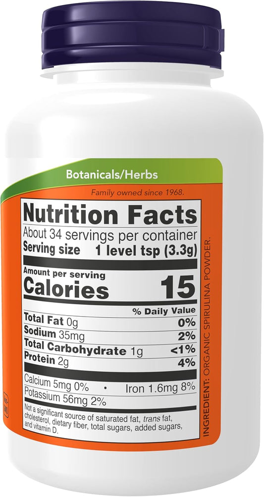 Certified Organic Spirulina Powder by NOW Foods - Rich in Beta-Carotene and B-12 - 4-Ounce Pack of 2 - With GLA & Chlorophyll - Supplements