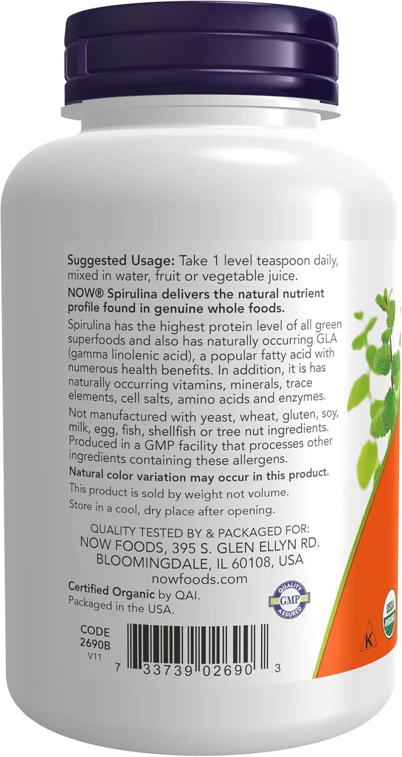Certified Organic Spirulina Powder by NOW Foods - Rich in Beta-Carotene and B-12 - 4-Ounce Pack of 2 - With GLA & Chlorophyll - Supplements