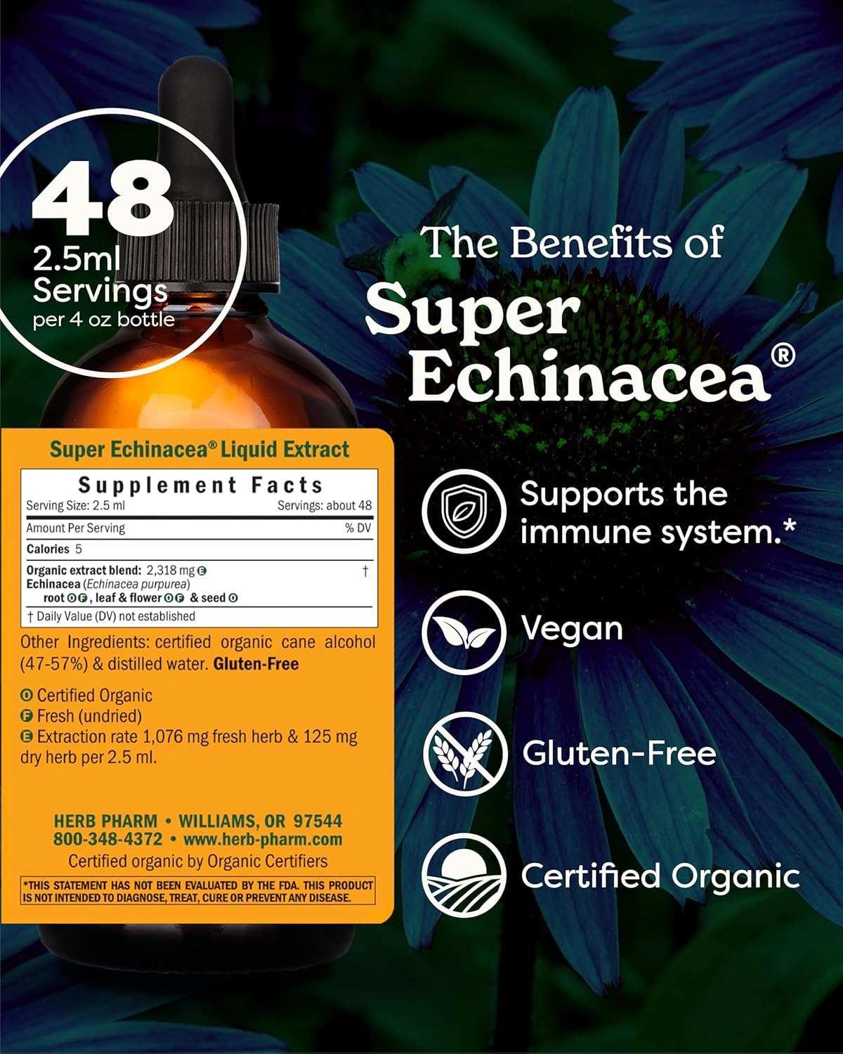 Certified Organic Super Echinacea Liquid Extract for Active Immune System Support - 4 Oz by Herb Pharm