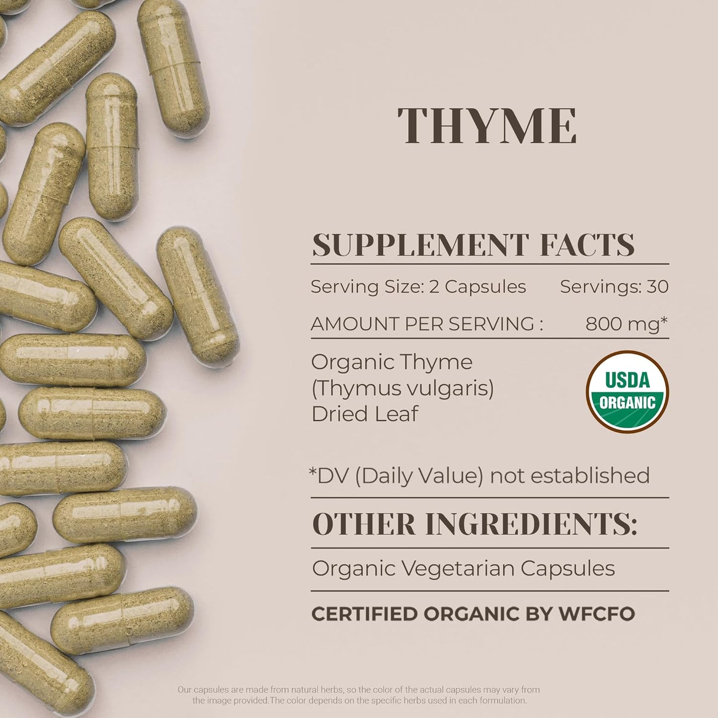 Certified Organic Thyme Capsules - High-Potency Natural Supplement - USDA Organic - 60 Vegetarian Capsules