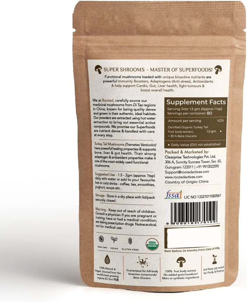 Certified Organic Turkey Tail Mushroom Extract Powder | High Beta Glucans | Lab Verified | Immune & Gut Support (2.11 oz)