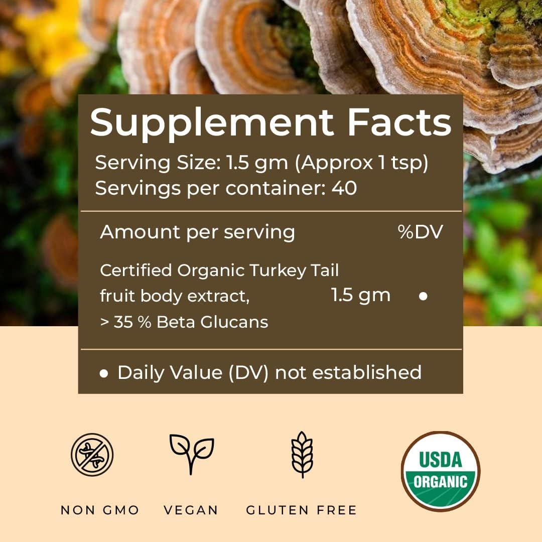 Certified Organic Turkey Tail Mushroom Extract Powder | High Beta Glucans | Lab Verified | Immune & Gut Support (2.11 oz)