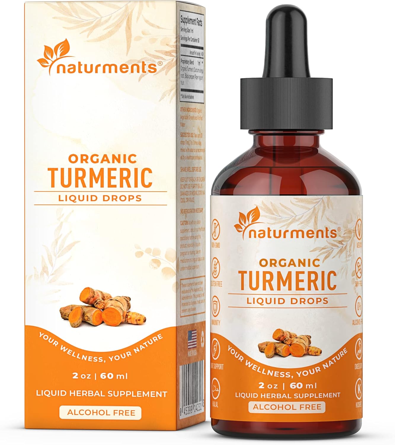 Certified Organic Turmeric Curcumin Liquid with Ginger & Black Pepper for Joint, Immune, Digestive Support - 2 Fl Oz