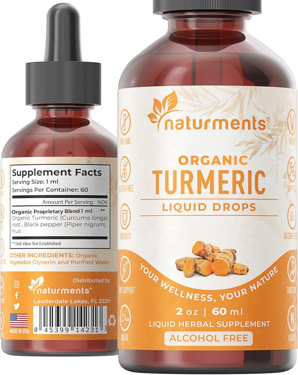 Certified Organic Turmeric Curcumin Liquid with Ginger & Black Pepper for Joint, Immune, Digestive Support - 2 Fl Oz