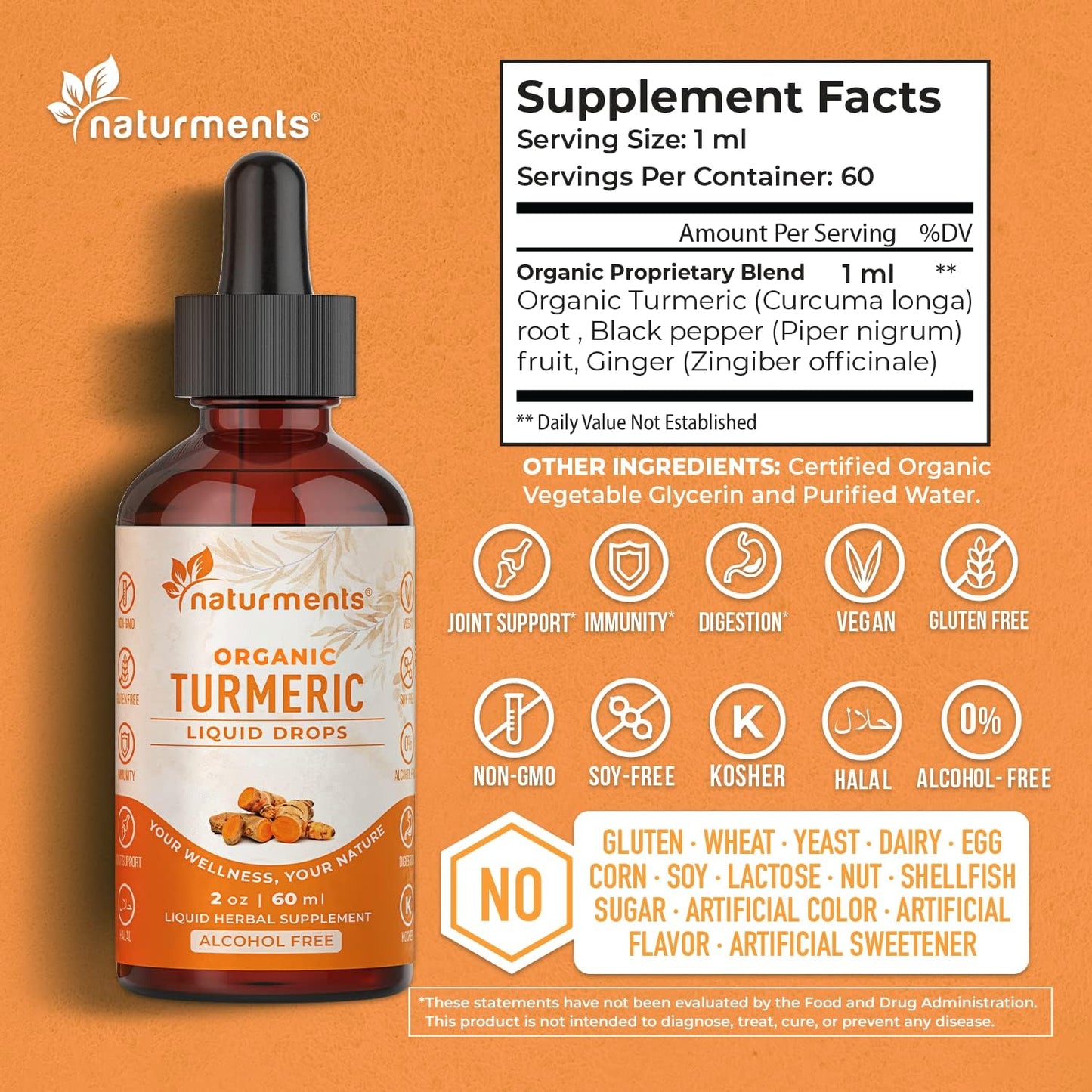 Certified Organic Turmeric Curcumin Liquid with Ginger & Black Pepper for Joint, Immune, Digestive Support - 2 Fl Oz