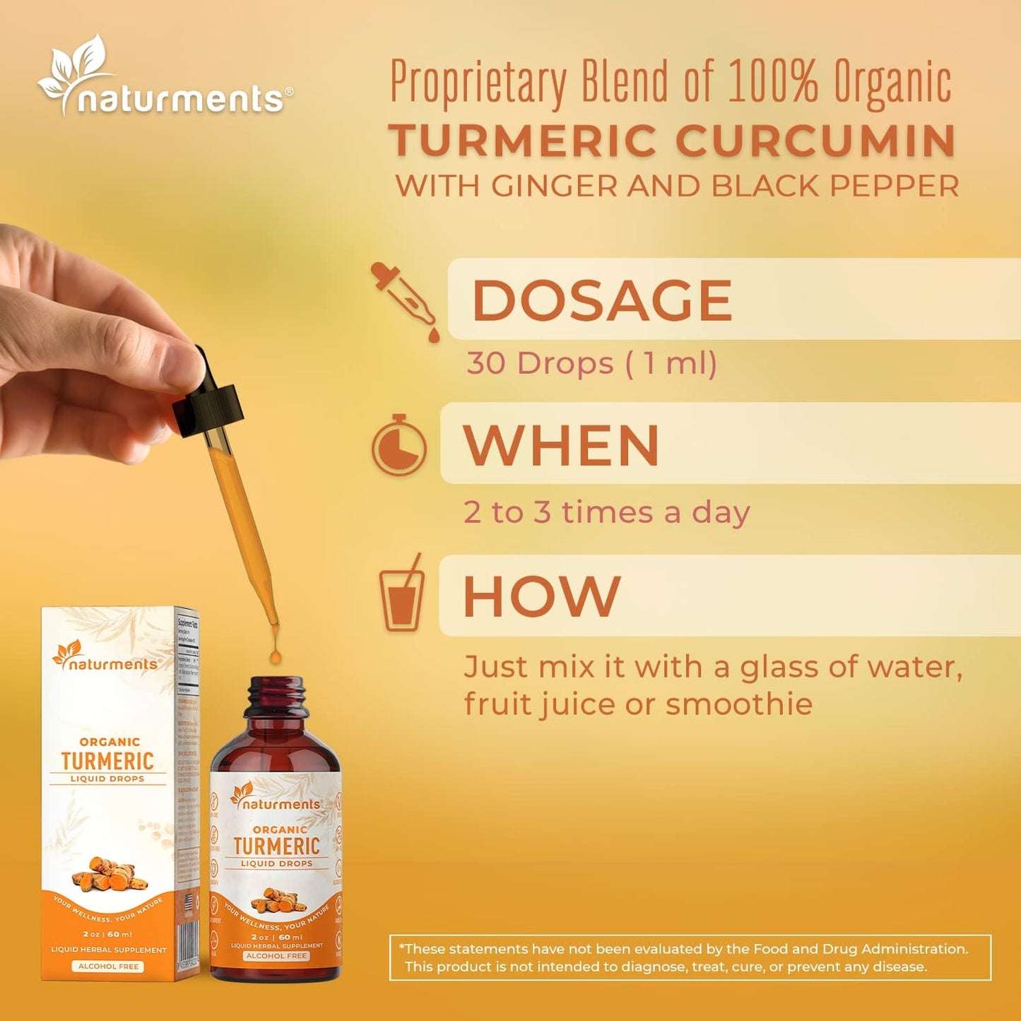 Certified Organic Turmeric Curcumin Liquid with Ginger & Black Pepper for Joint, Immune, Digestive Support - 2 Fl Oz