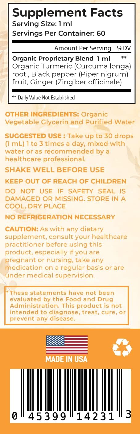 Certified Organic Turmeric Curcumin Liquid with Ginger & Black Pepper for Joint, Immune, Digestive Support - 2 Fl Oz