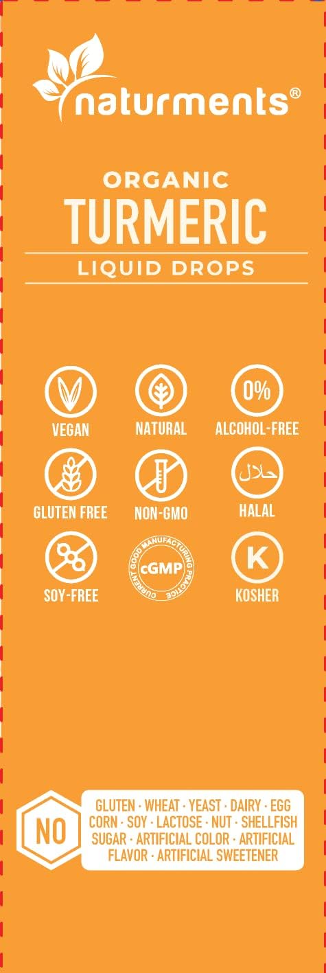 Certified Organic Turmeric Curcumin Liquid with Ginger & Black Pepper for Joint, Immune, Digestive Support - 2 Fl Oz