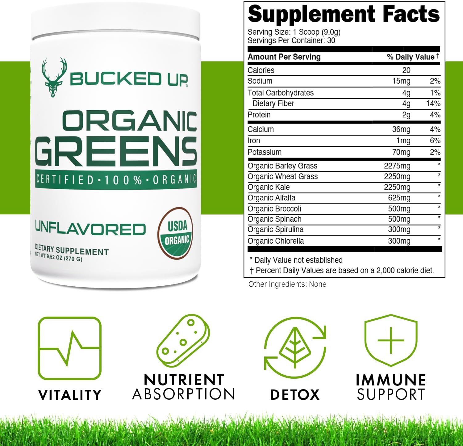 Certified Organic Unflavored Superfood Powder with 8 Essential Mixed Greens - Chlorella, Spinach, Kale, Spirulina, Alfalfa, Broccoli, Wheat Grass, & Barley Grass - 30 Servings - 9.52 OZ