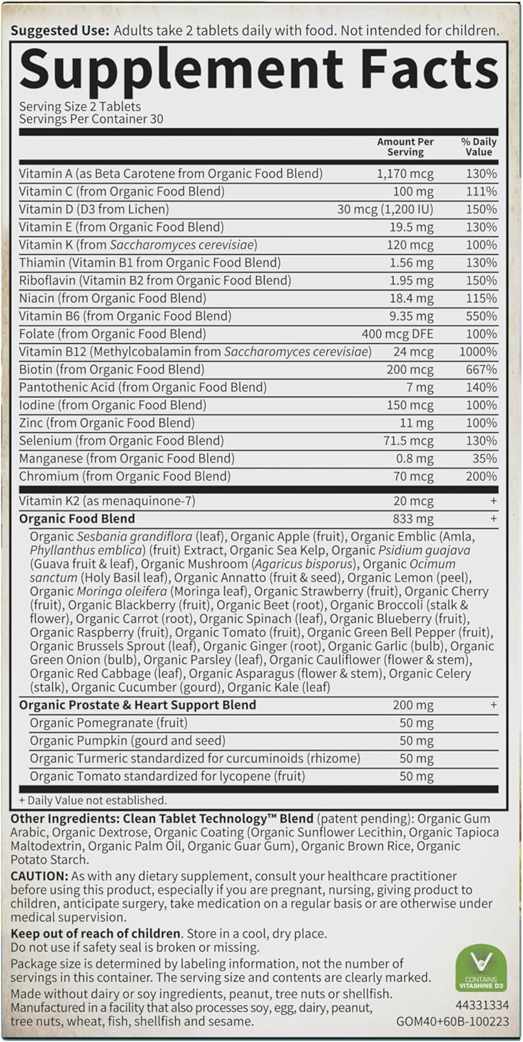 Certified Organic Vegan Men's Multivitamin 40+ for Health and Well-Being, 60 Tablets, Whole Food Vitamins and Minerals for Men Over 40