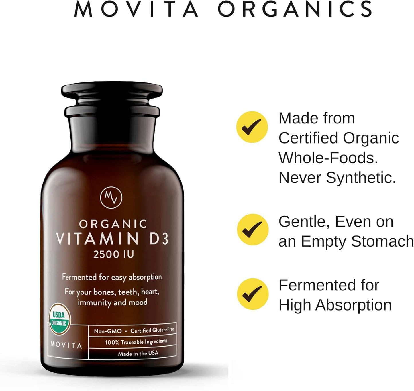 Certified Organic Vitamin D3 2500IU for Energy, Immune Health & Bone Strength - Vegan, Gluten-Free, Non-GMO - 30-Day Supply