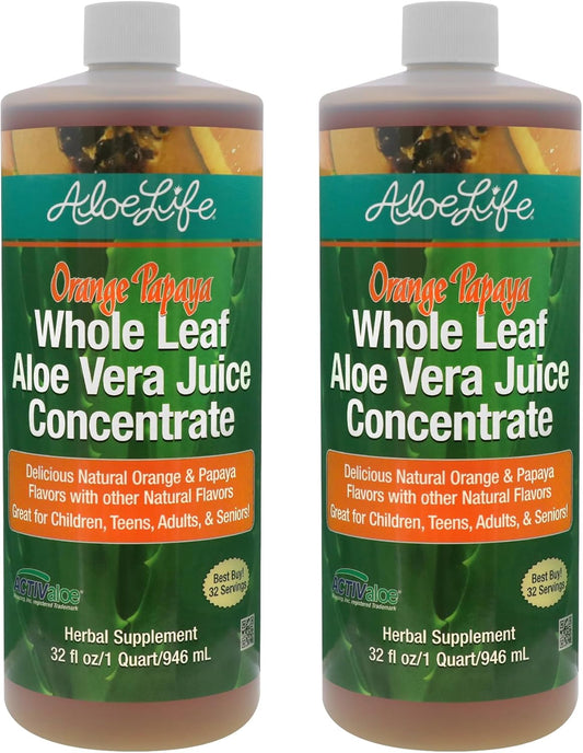 Certified Organic Whole Leaf Aloe Vera Juice with Trace Minerals (Orange Papaya, 32 oz) - Gluten-Free - 2-Pack