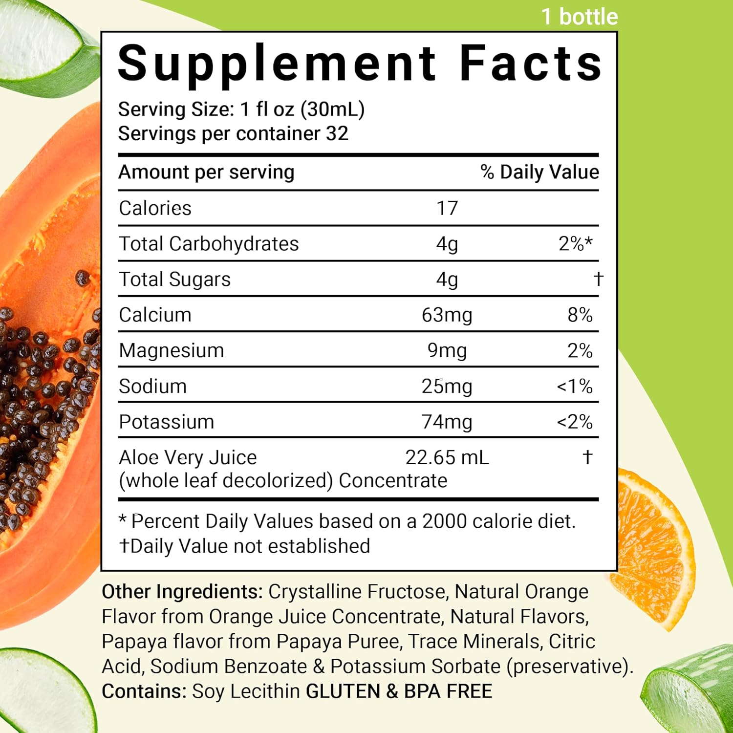 Certified Organic Whole Leaf Aloe Vera Juice with Trace Minerals (Orange Papaya, 32 oz) - Gluten-Free - 2-Pack