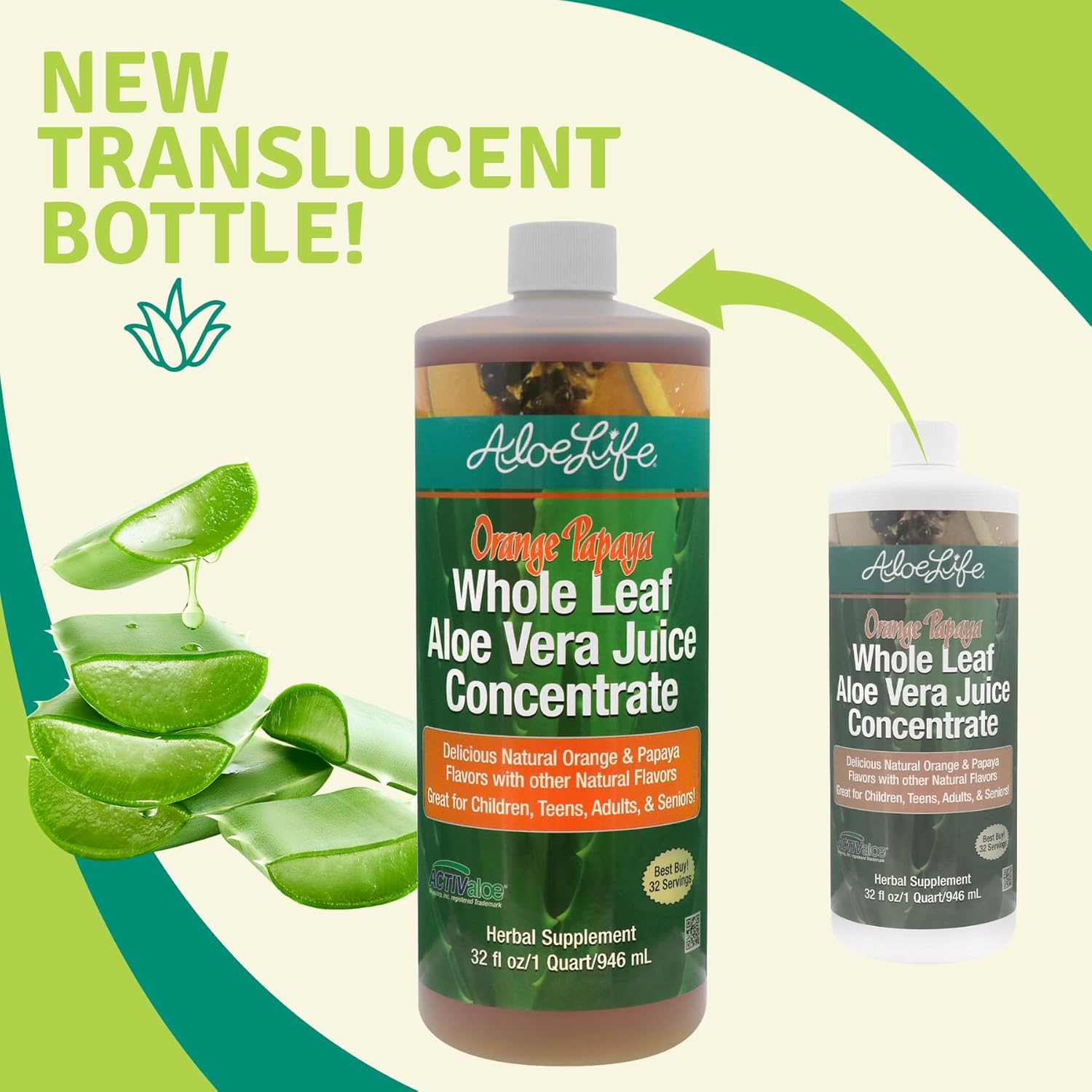 Certified Organic Whole Leaf Aloe Vera Juice with Trace Minerals (Orange Papaya, 32 oz) - Gluten-Free - 2-Pack