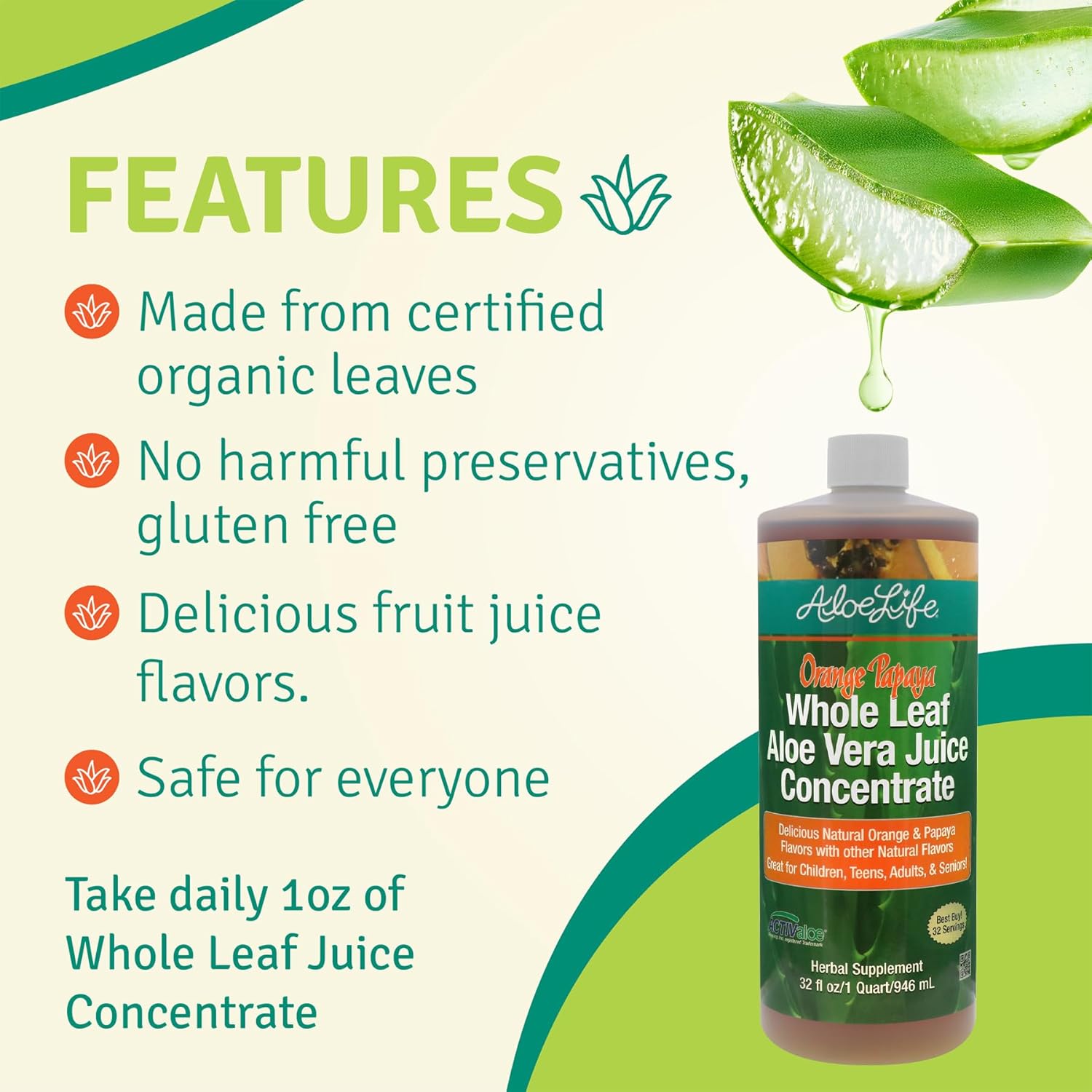 Certified Organic Whole Leaf Aloe Vera Juice with Trace Minerals (Orange Papaya, 32 oz) - Gluten-Free - 2-Pack