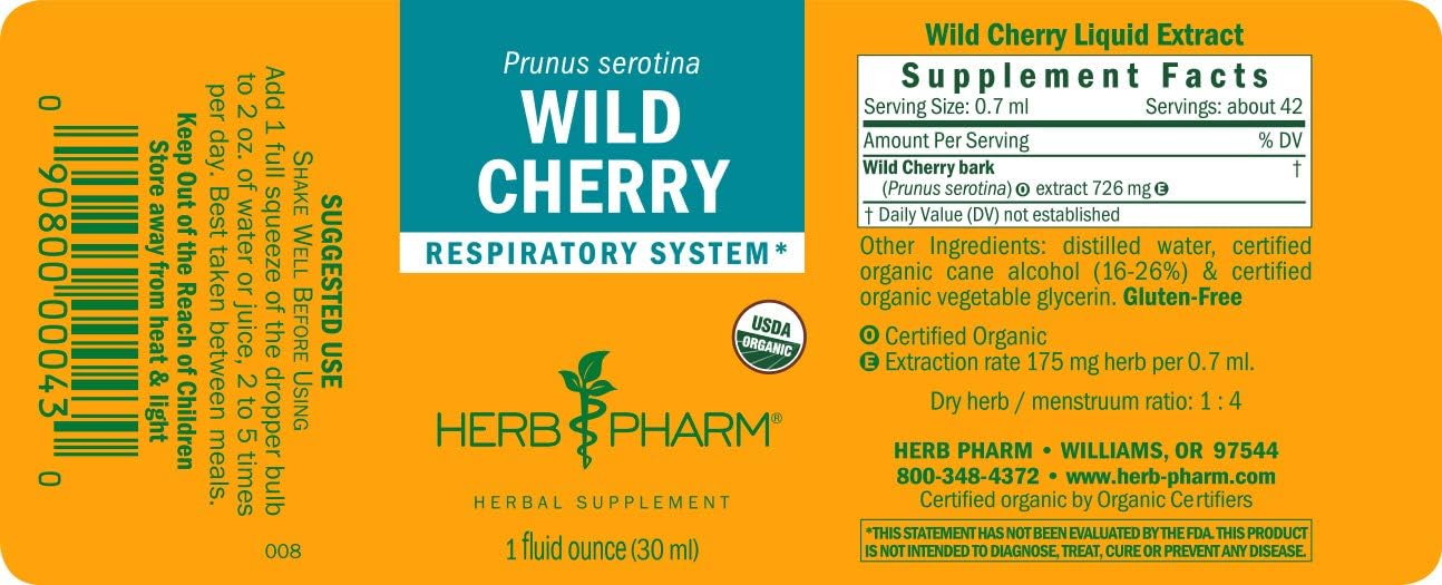 Certified Organic Wild Cherry Bark Liquid Extract for Respiratory Support - 1 oz by Herb Pharm