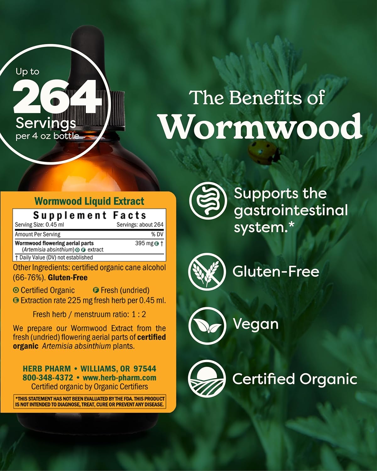 Certified Organic Wormwood Liquid Extract for Digestive Support - 4oz by Herb Pharm