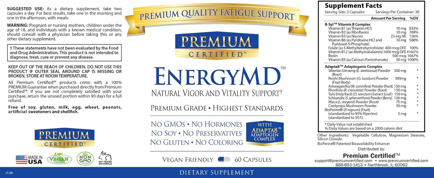 Certified Premium EnergyMD Supplement - Vitamin B Blend, Adaptogenic Complex, Piperine - Natural Energy Booster - 60 Capsules - Non-GMO, Vegan, USA Made