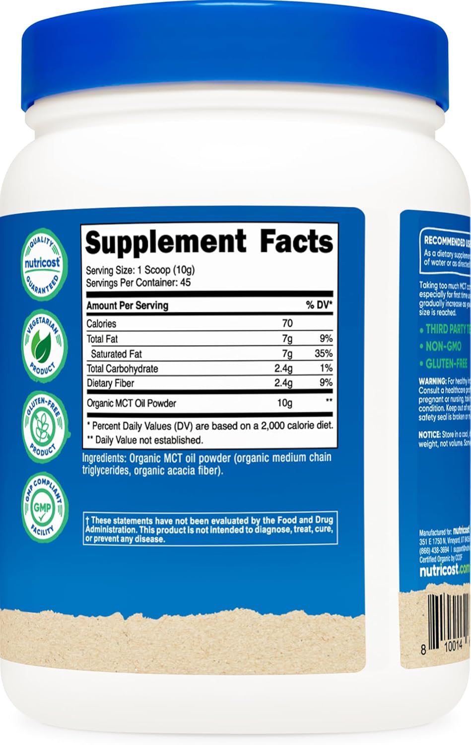 Certified USDA Organic MCT Oil Powder - 1 LB, Zero Net Carbs - Ideal for Keto and Ketogenic Diets