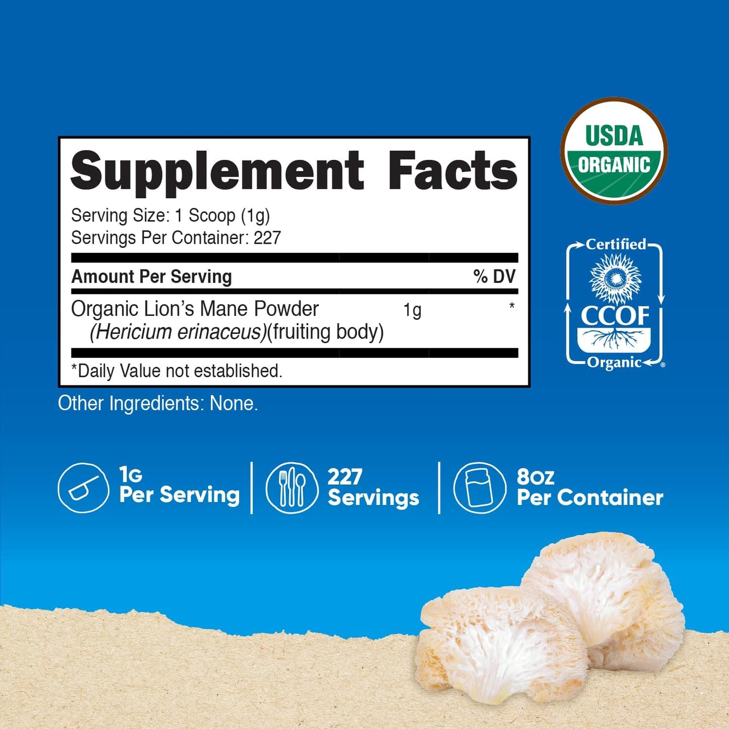 Certified USDA Organic Nutricost Lion's Mane Mushroom Powder - 8 oz, 227 Servings