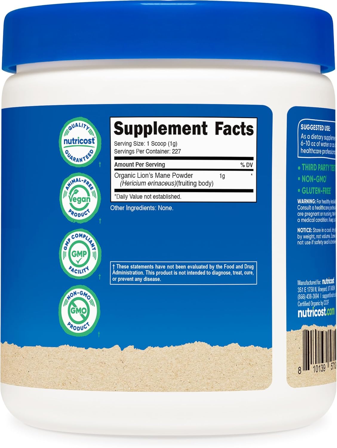 Certified USDA Organic Nutricost Lion's Mane Mushroom Powder - 8 oz, 227 Servings
