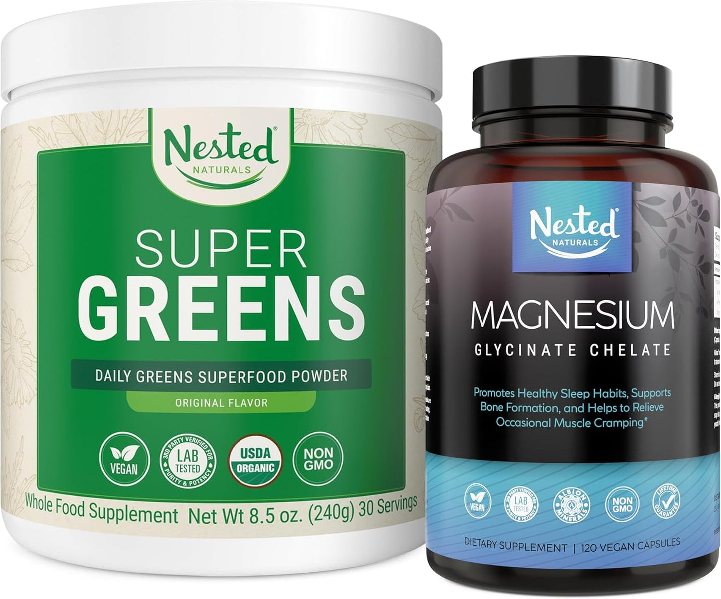 Certified USDA Organic Super Greens Powder & Magnesium Glycinate Chelate Bundle (30 Servings & 120 Capsules)