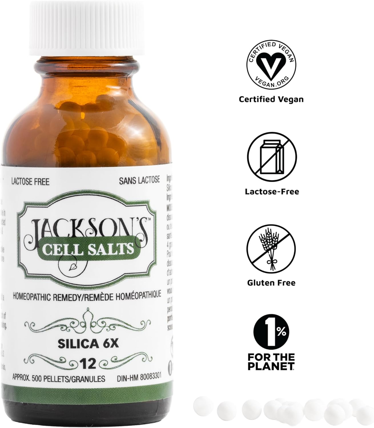 Certified Vegan and Lactose-Free Cell Salt #12 Silica 6X (500 Pellet Bottle) by Jackson's
