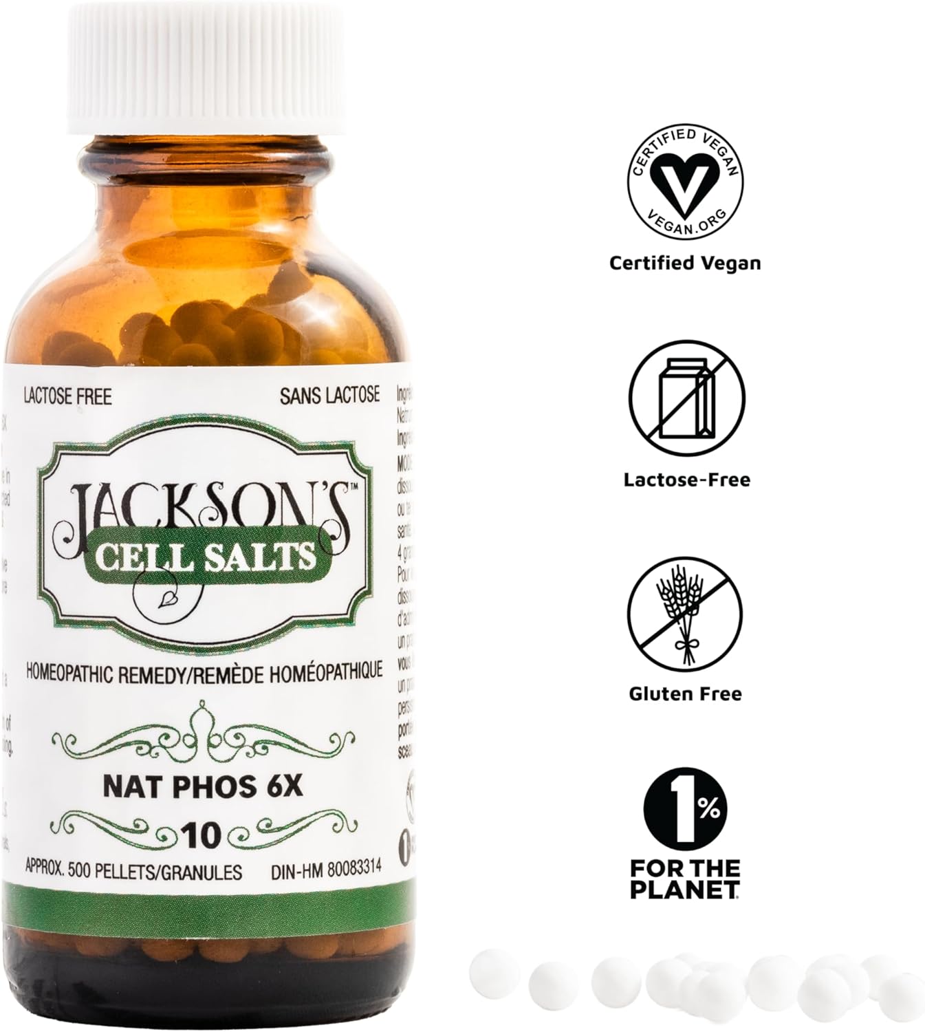 Certified Vegan Jackson's Cell Salt #10 NAT phos 6X Pellets - Lactose-Free Natrum phosphoricum 6X - 500 Pellet Bottle