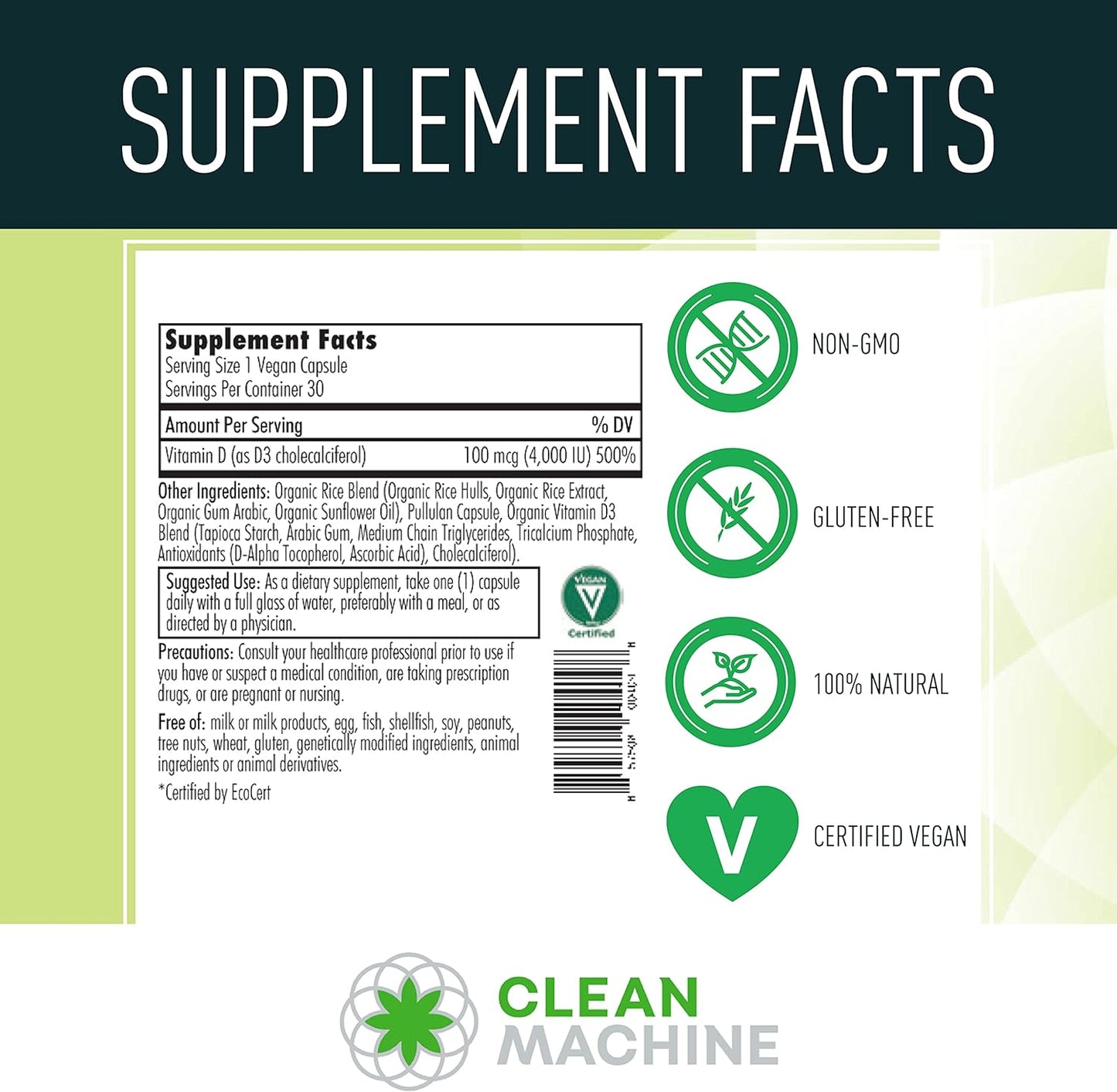 Certified Vegan Plant Based Vitamin D3 Supplement - 4000 IU per Pill - Organic - 30 Capsules