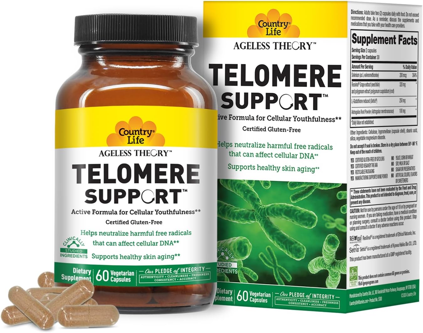 Certified Vegan Telomere Support Supplement with Resvinol Grape Extract - Anti Aging - Immune & Cardiovascular - 60 Capsules