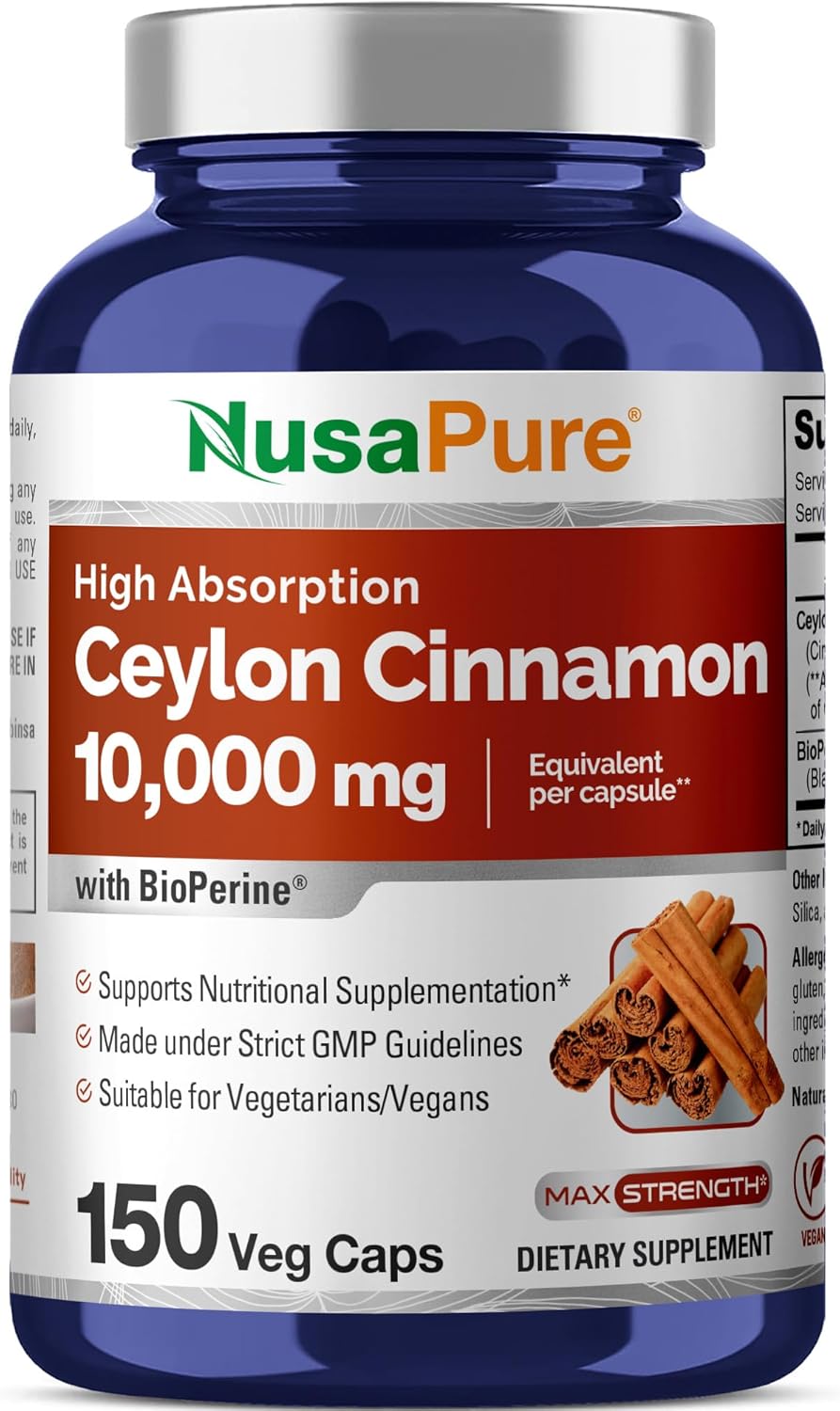 Ceylon Cinnamon Capsules 10,000mg | 150 Veggie Capsules | Non-GMO, Vegan with Bioperine by NusaPure