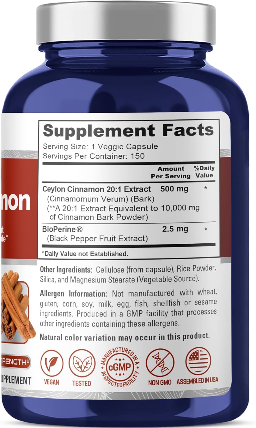 Ceylon Cinnamon Capsules 10,000mg | 150 Veggie Capsules | Non-GMO, Vegan with Bioperine by NusaPure