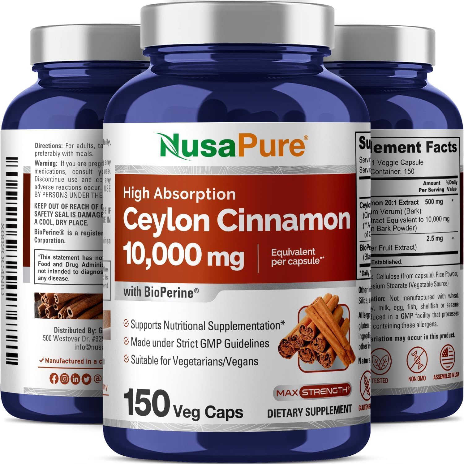 Ceylon Cinnamon Capsules 10,000mg | 150 Veggie Capsules | Non-GMO, Vegan with Bioperine by NusaPure