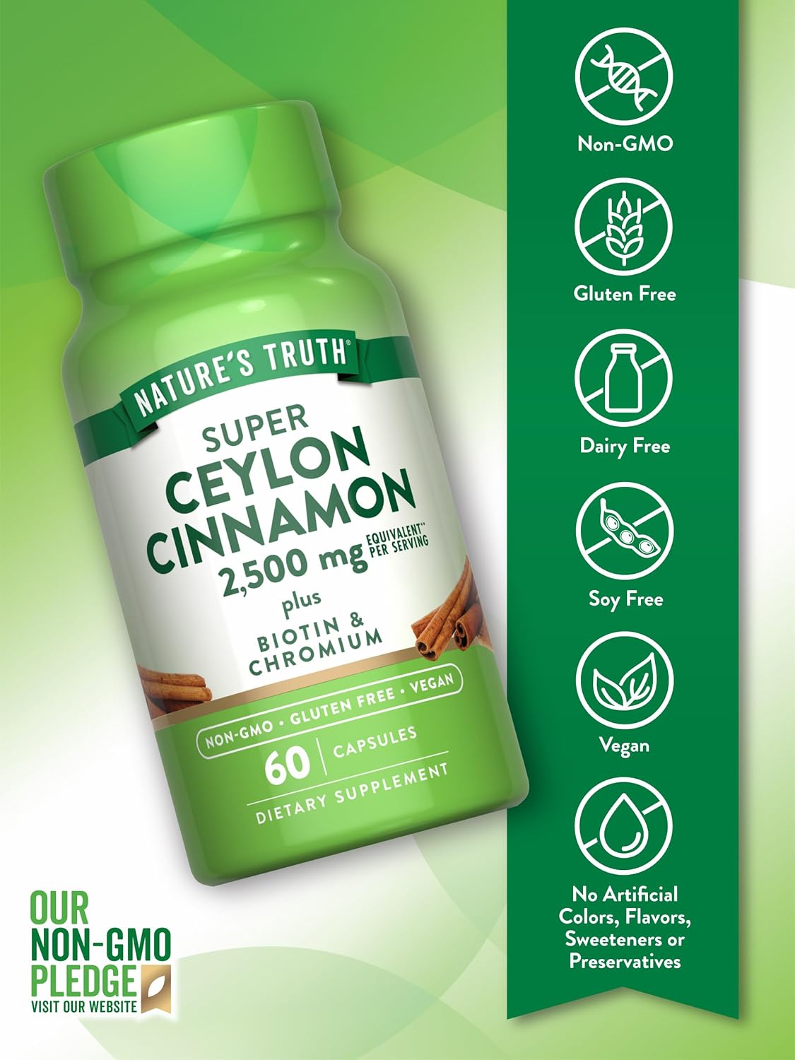 Ceylon Cinnamon Capsules 2500mg 60 Count Vegetarian Non-GMO Gluten Free Supplement with Chromium and Biotin by Nature's Truth