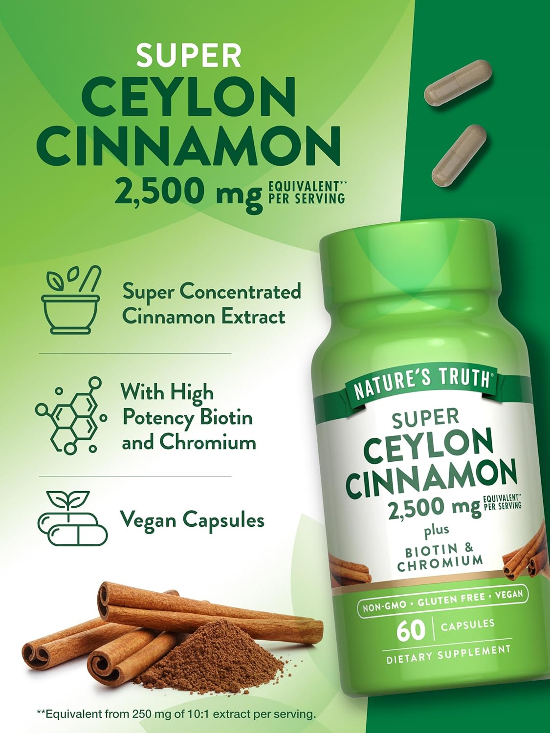 Ceylon Cinnamon Capsules 2500mg 60 Count Vegetarian Non-GMO Gluten Free Supplement with Chromium and Biotin by Nature's Truth