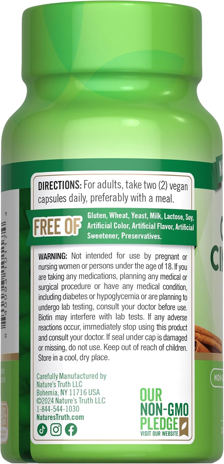 Ceylon Cinnamon Capsules 2500mg 60 Count Vegetarian Non-GMO Gluten Free Supplement with Chromium and Biotin by Nature's Truth