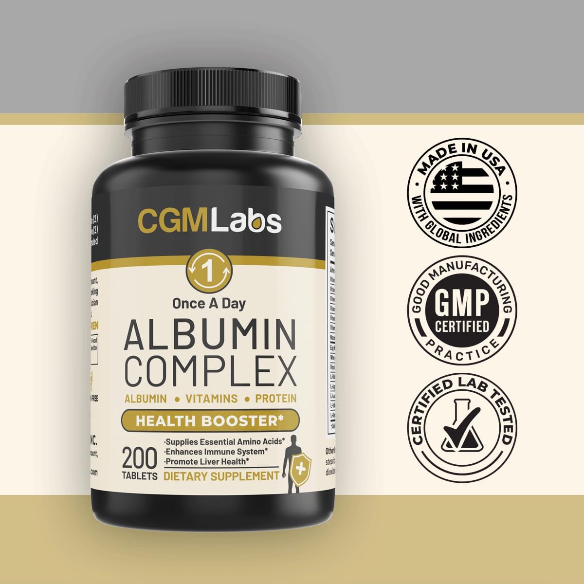 CGM Labs Once A Day Albumin Complex - 200 Chewable Tablets with Whey Protein, Royal Jelly, Essential Amino Acids