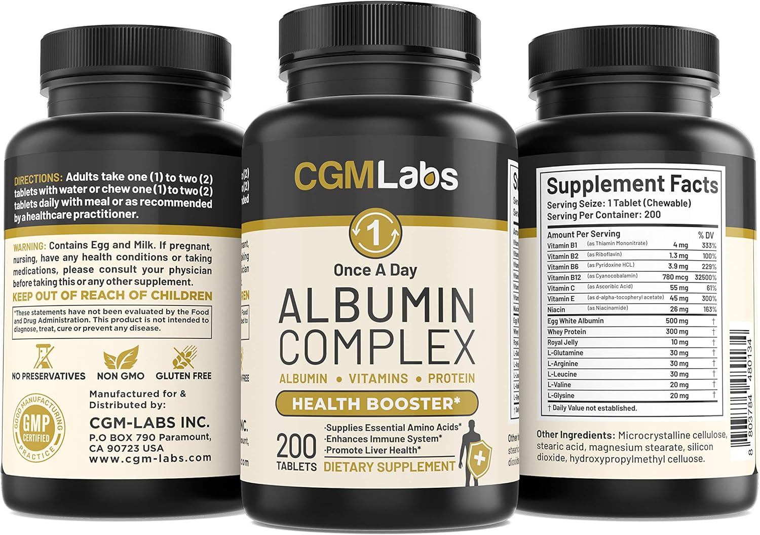 CGM Labs Once A Day Albumin Complex - 200 Chewable Tablets with Whey Protein, Royal Jelly, Essential Amino Acids