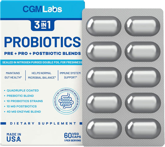 CGMLABS 3-in-1 Probiotics with Prebiotics, Probiotics, and Postbiotics - 60 Veg Capsules, Double-Foil Blister Packed for Freshness