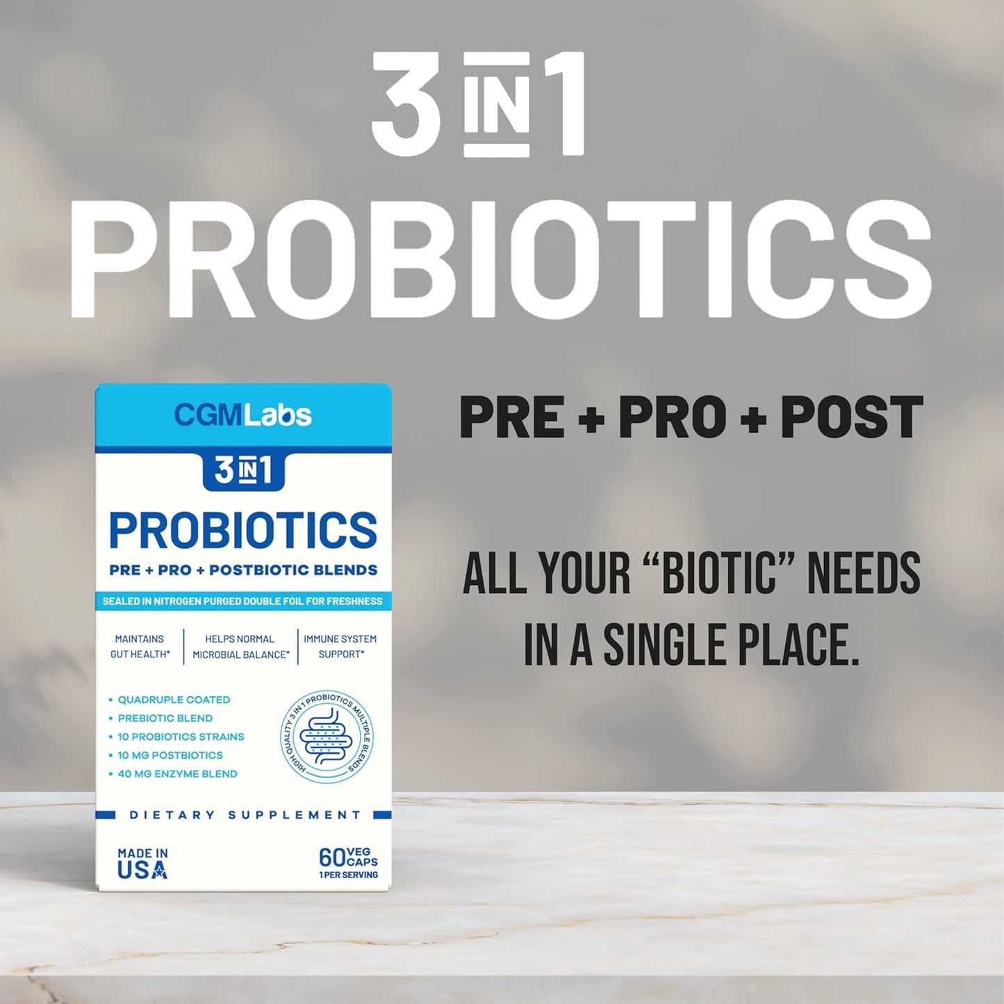 CGMLABS 3-in-1 Probiotics with Prebiotics, Probiotics, and Postbiotics - 60 Veg Capsules, Double-Foil Blister Packed for Freshness