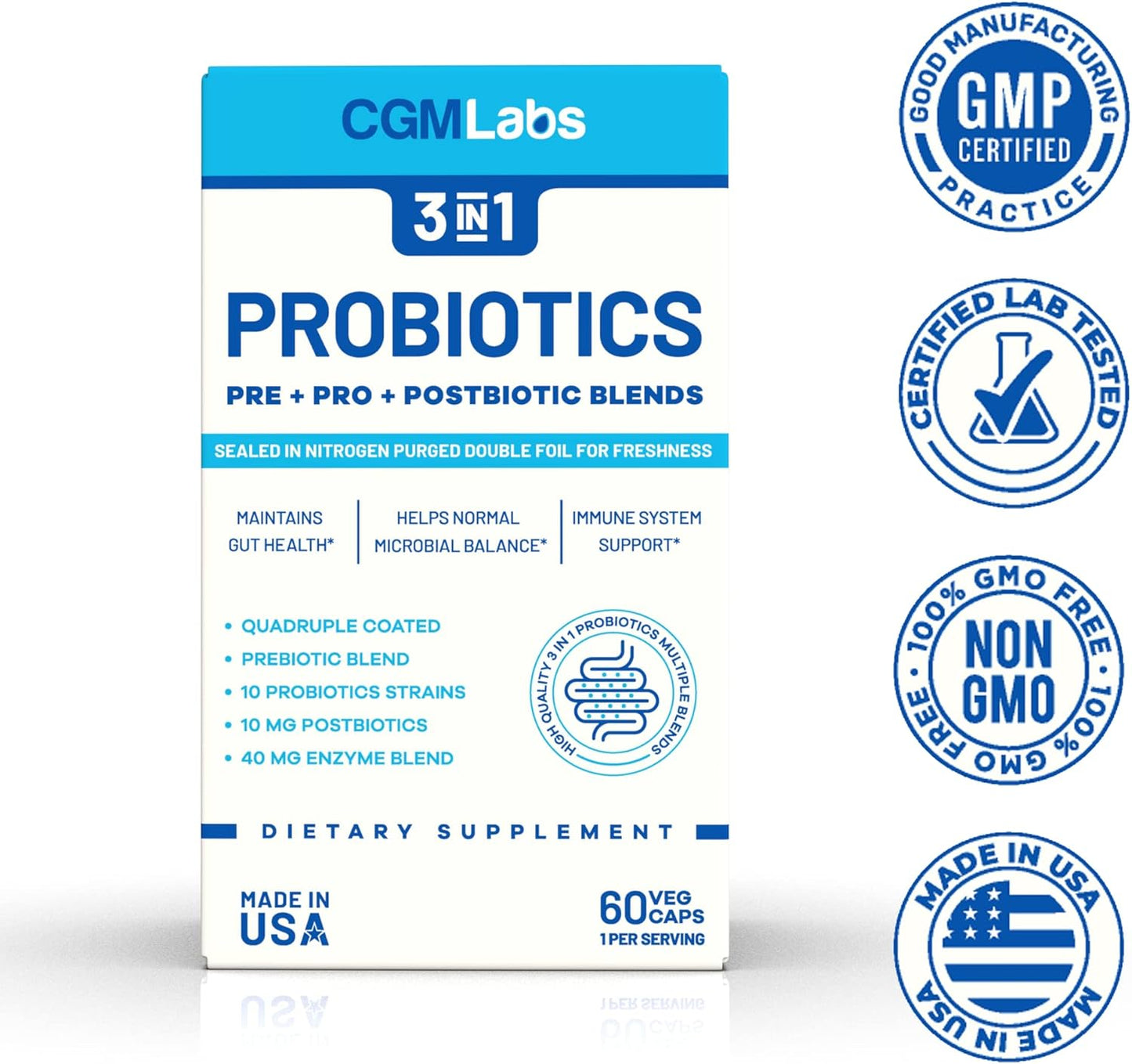 CGMLABS 3-in-1 Probiotics with Prebiotics, Probiotics, and Postbiotics - 60 Veg Capsules, Double-Foil Blister Packed for Freshness