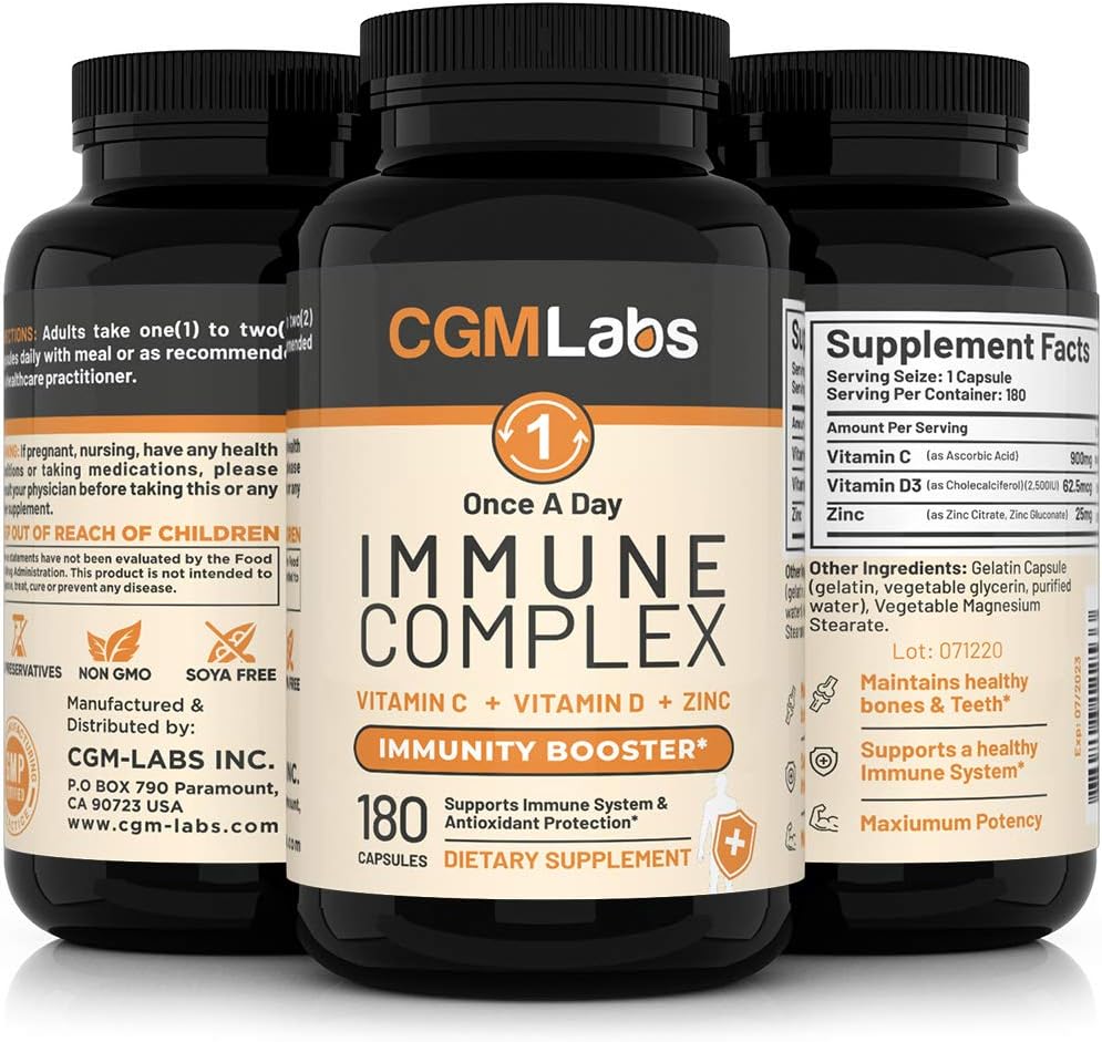 CGMLABS Immune Complex - Vitamin C 900mg, Vitamin D3 2500IU, Zinc 25mg - 180 Capsules, Once Daily