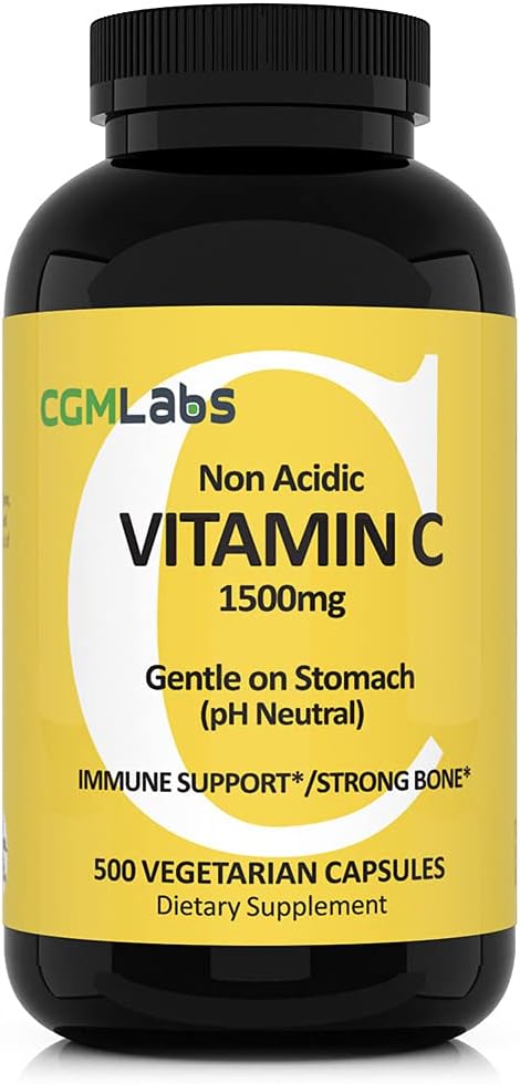 CGMLABS Non-Acidic Vitamin C Dietary Supplement 1500mg with Calcium - Gentle on Stomach, Immune and Bone Support (500 Capsules)