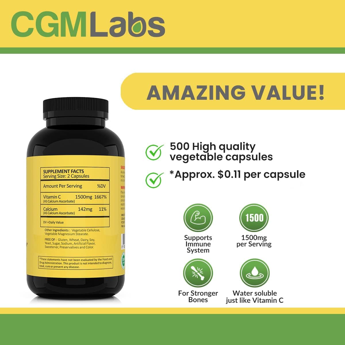 CGMLABS Non-Acidic Vitamin C Dietary Supplement 1500mg with Calcium - Gentle on Stomach, Immune and Bone Support (500 Capsules)